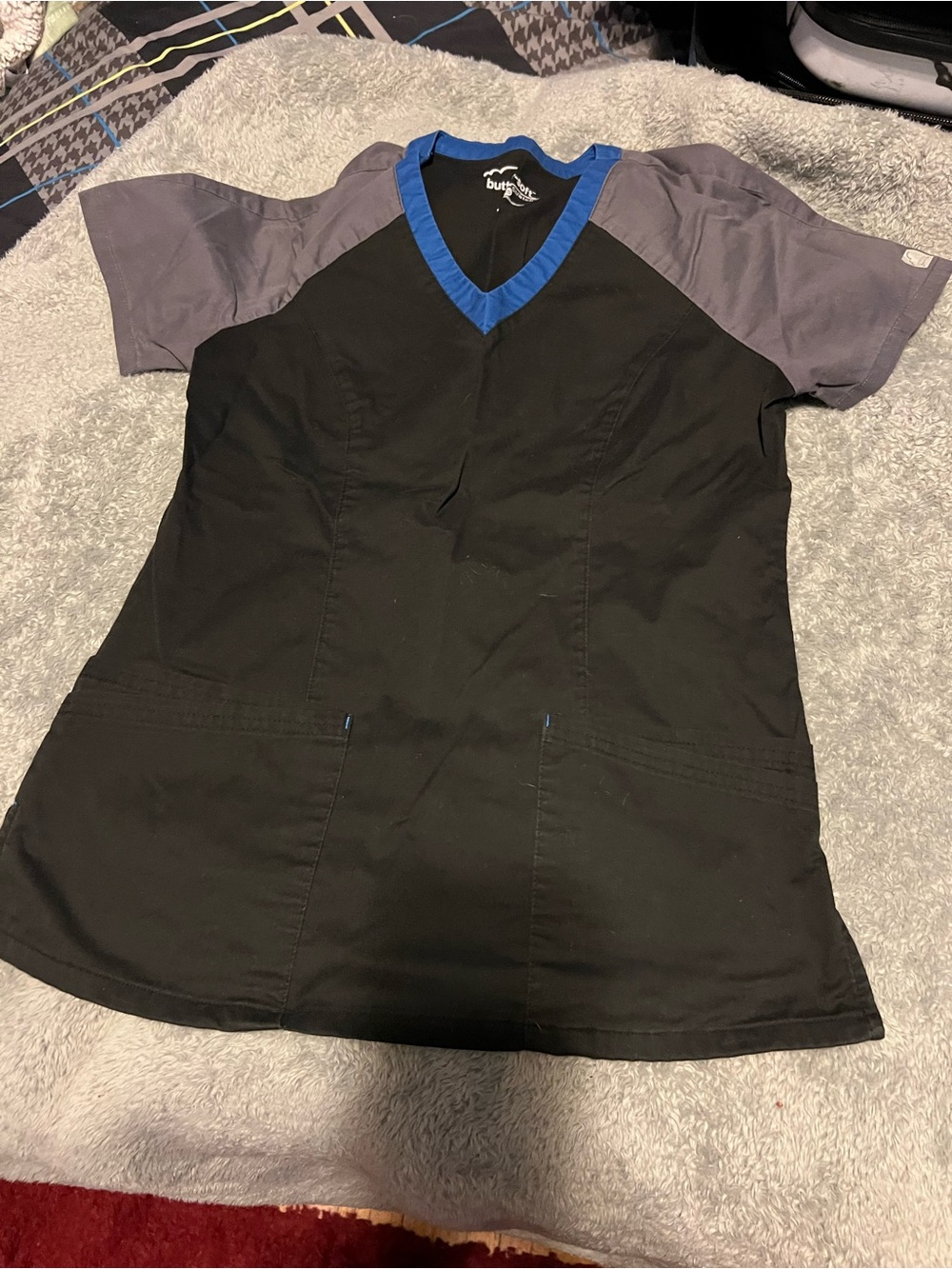 Grey Sleeve Black Medical Scrub Top with Blue Trim